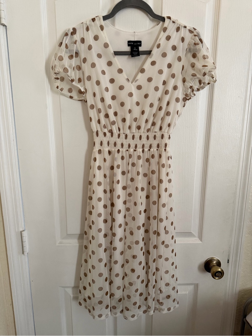 Kate and Lily Cream Midi Dress with Brown Polka Dots